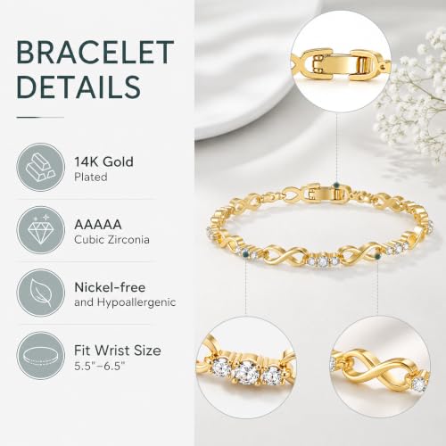Tennis Bracelet for Women - 14K Gold Plated Heart Cubic Zirconia Bracelet, Dainty Trendy Anniversary Birthday Christmas Jewelry Gift for Her - color: Infinity Gold-17CM