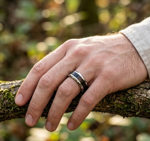 CRAAG- 8mm Tungsten Carbide Wedding Band, Two-Tone Silver Ring with Black IP Plated Hammered Finish Center, High-Polished Beveled Edge with Notches for Men and Women, Comfort Fit Scratchproof Anniversary Promise Band, Custom Engravable