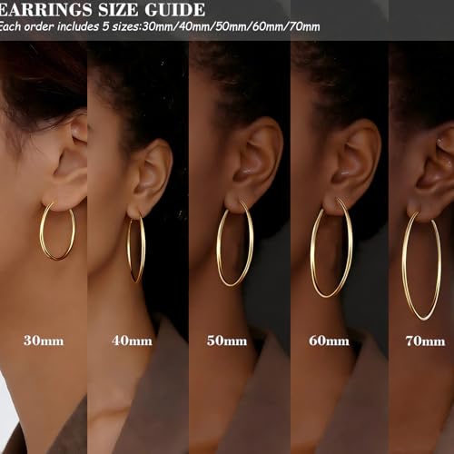 6 Pairs Gold Silver Hoop Earrings for Women 14K Gold Plated 316 Hypoallergenic Stainless Steel Lightweight Large Small Hoops Women Earrings 30/40/50mm Set - color: 5 Pairs Gold-30/40/50/60/70mm