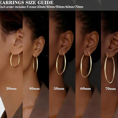 6 Pairs Gold Silver Hoop Earrings for Women 14K Gold Plated 316 Hypoallergenic Stainless Steel Lightweight Large Small Hoops Women Earrings 30/40/50mm Set - color: 5 Pairs Gold-30/40/50/60/70mm