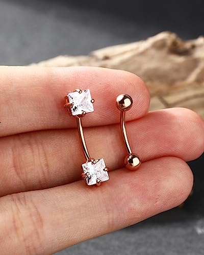 2pcs 16g Small Size Belly Button Rings Pack Surgical Steel Square AAA CZ Curved Barbell Navel Rings New - color: rosegold