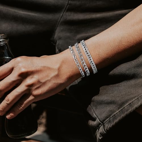 8Pcs Stainless Steel Bracelets for Men Women Sturdy Cuban Link Bracelet Curb Rope Figaro Paperclip Chain Bracelets Set Jewelry Gifts for Men, 6.9/7.5/8.3/9 Inches - color: Silver