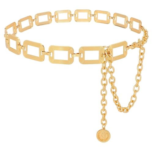 WHIPPY Metal Waist Chain Belt Women Adjustable Body Link Belts Ladies Fashion Chain for Jeans Dress - color: Gold, size: S: Fit for Waist up to 28", style: B Rectangle