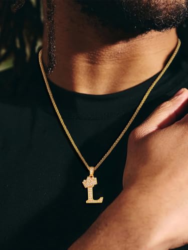 U7 Crown Initial Necklace Men Women, Bling Diamond A-Z 0-9 Letter Pendant with Wheat Chain, Silver/Black/Gold Plated CZ Alphabet Number Hip Hop Jersery for Father Husband - color: a. Gold, size: 12. L