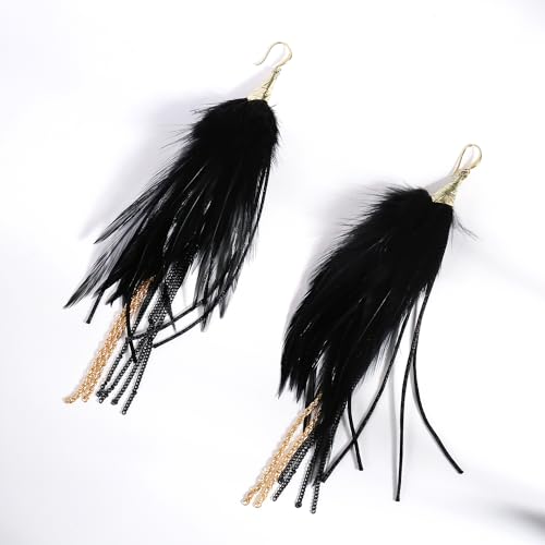 Bohemian Feather Dangle Earrings for Women with Shell Beads Long Tassel Design Drop Earrings - style: Style-Black