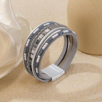 Wrapped Bracelets for Women,Leather Boho Bracelets for Women - color: Boho-Grey
