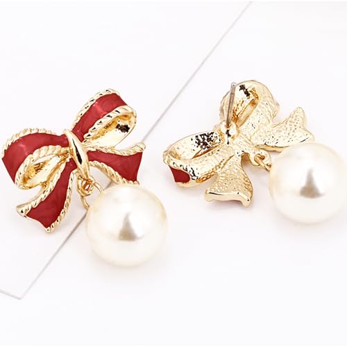 Pearl Bow Earrings for Women Coquette Aesthetic Jewelry Rhinestone Bow Earrings for Bridesmaids Wedding Party Accessories Bridal Costume Accents Bowknot Themed Gifts - color: B2: Red Bow Pearl Earrings