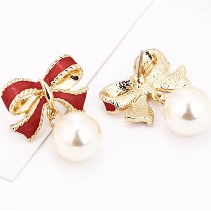 Pearl Bow Earrings for Women Coquette Aesthetic Jewelry Rhinestone Bow Earrings for Bridesmaids Wedding Party Accessories Bridal Costume Accents Bowknot Themed Gifts - color: B2: Red Bow Pearl Earrings