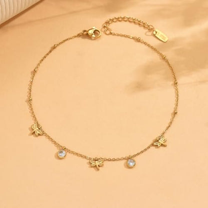 18K Gold Plated Waterproof Summer Beach Ankle Bracelets for Women | Starfish Sea Shell Pearls CZ Diamond Dangle Anklets - style: Dragonfly CZ Drop-Gold