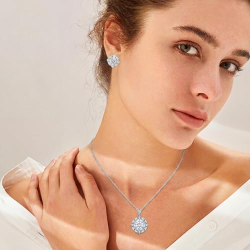 Cubic Zirconia Necklace and Earrings Set for Women 14K White Gold Plated Bridesmaid Silver Jewelry Set for Women Pendant Necklace Hypoallergenic Stud Earrings Set Jewellery Gift for Mom Wife Bride Bridesmaid - color: White-Round Shape