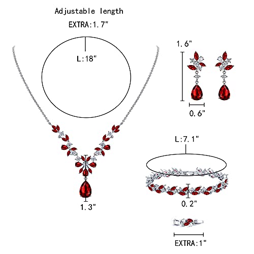 EleQueen Women's Wedding Bridal Jewelry Set for Brides Bridesmaids, Silver/14K Gold/Rose Gold Plated Cubic Zirconia Teardrop Necklace Dangle Earrings Bracelet Sets for Party Prom - color: 05-Ruby Color-Necklace+Earrings+Bracelet