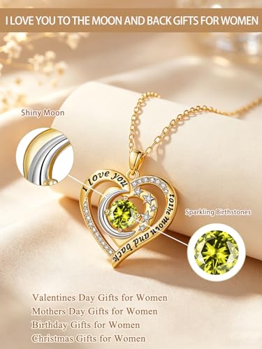 14K Gold I Love You to the Moon and Back Necklace for Women, Double Heart Birthstone Necklace, Moon Star Love Jewelry, Christmas Valentines Mothers Day Birthday Gifts for Wife Mom Girlfriend - color: 08-Aug Birthstone