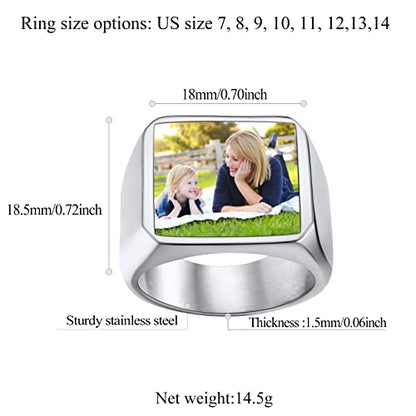 FindChic Customized Signet Photo Rings Square/Heart/Round Chunky Band Ring Stainless Steel/18K Gold Plated/Black Size 7 to 14 Personalized Jewelry for Men Women, Send Gift Box - color: 01. square-no stones (stainless steel)