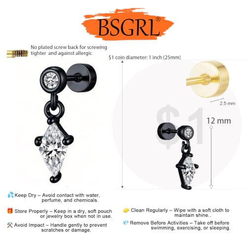 Flat Back Earrings for Women Cartilage Helix | Comfortable Dainty Cute Dragon Bee Bird Phoenix Dragonfly Cute Animal Leaf Spiral Rhombus Design Flatback Stud Earrings - color: Black Dangle