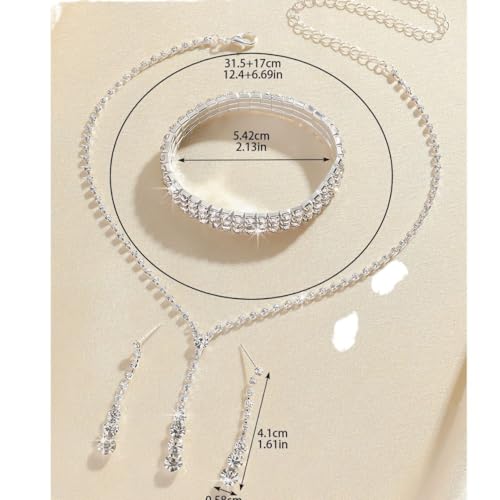 Wedding Jewelry Sets for Brides Rhinestone Necklace and Earring Set Bracelet Ring Gold Silver Prom Jewelry Sets Diamond Flower Teardrop Necklace for Women - color: Style2-Silver-3pcs