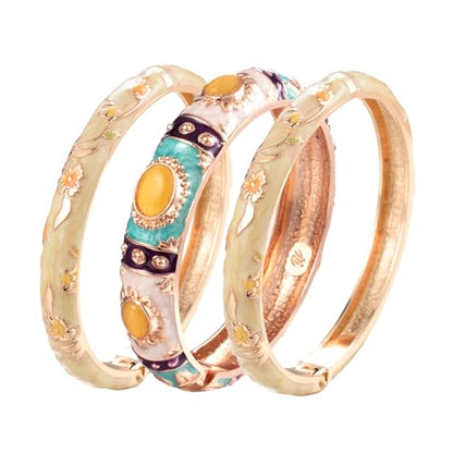 UJOY Womens Multi-Colors Cloisonne Bracelet Plated Flower Hollowed Enameled Hinged Cuff Bangles Jewelry Gift 88A10 - color: 3 Pcs/Set-Yellow-7735