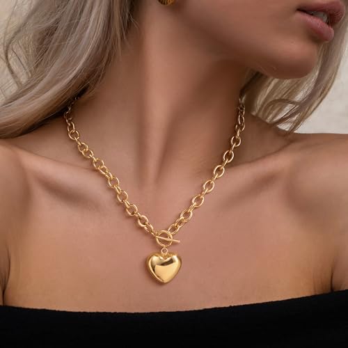 CHESKY 14K Gold Plated Chunky Necklace for Women, Trendy Toggle Clasp | Statement Pendant Necklace, Layered Paperclip Chain, Toggle Clasp Design, Thick Gold Chain, Non Tarnish Everyday Jewelry - color: gold, style: heart