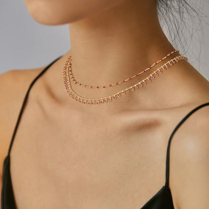 MTMY Beaded Necklaces for Women 14K Gold Plated Dainty Colorful Green/Rose Beaded Pearl Choker Necklace Delicate Boho Choker Necklace Jewelry Gift - style: Crystal-rose