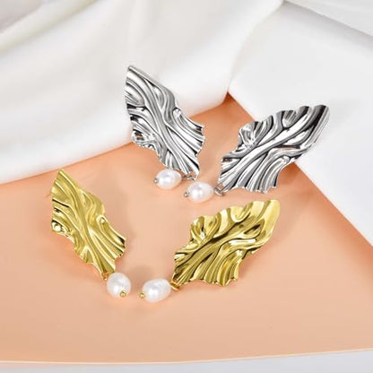 Large Geometric Drop Dangle Earrings for Women Pearl Teardrop Disc Rectangle Oval Fishtail Shell Shaped Textured Dangle Studs Earrings for Women - color: Gold-Pearl
