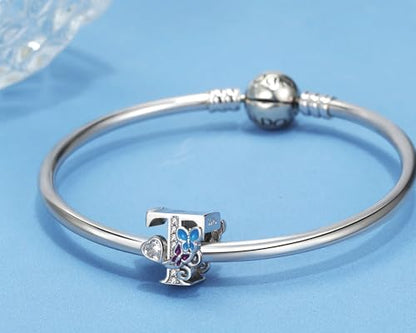 S925 Silver Butterfly Initial Letter Charms Fit for Pandora Charms Bracelets and Necklace Alphabet Bead Charms Jewelry Gifts for Women - color: T