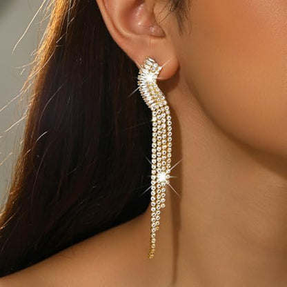 Gold Rhinestone Tassel Dangle Earrings for Women,Long Sparkly Crystal Statement Earring,Trendy Bridal Wedding Prom Jewelry Accessories - color: Golden