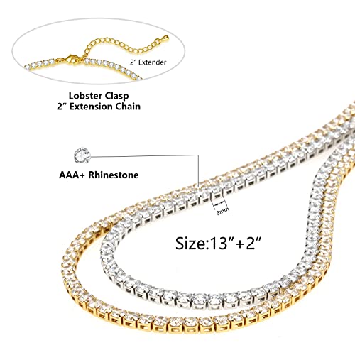 HERIER Tennis Necklace for Women 14K Gold Plated or Silver Rhinestone Choker Necklaces Dainty Zirconia Cut Faux Diamond chain 3mm - color: Gold-tennis
