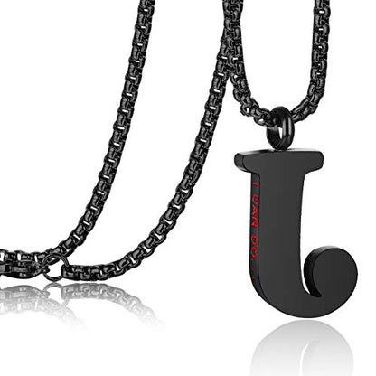 Initial 26 Letter A to Z Pendant Necklace for Teen Women Men 24" Chain | Large Alphabet Letter Personalized Charm Pendant,Engraving Red 'I CAN DO ...' on Back - style: J
