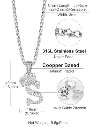 Richsteel Silver Crown Initial A-Z Letter Pendant Necklace for Men Women | Cubic Zirconia Monogram, 316L Steel Chain, 22" + 2" Extender,Hypoallergenic,Gift Box, Hip Hop Jewelry - style: S