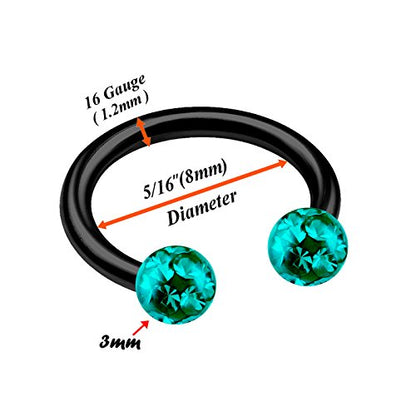 2pcs 16g Circular Barbell Black Titanium G23 Ear Helix Lip Eyebrow Tragus Nose Snake Septum Cartilage Bite Ring B2ICT - color: Blue Zircon