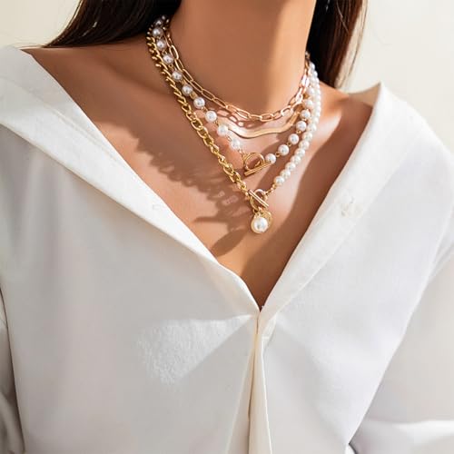 Chunky Gold Layered Big Pearl Necklaces Set Bulk for Women Trendy | Luxury Stack Half Chain Half Pearl Beads Statement Necklace OT Buckle Paperclip Choker Vintage Coin Pendant Necklaces Jewelry