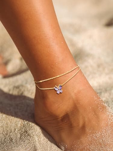 Suplight Gold Plated Butterfly Anklets for Women Waterproof, Layered Boho Ankle Bracelet with Birthstone, Stainless Steel Adjustable Non-Tarnish Heart Foot Jewelry Beach Vacation - color: 06. Butterfly-Jun. Alexandrite