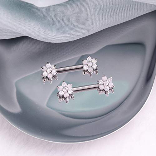 14G Opal Flower CZ Nipple Barbell Nipple Ring Piercing Jewelry for Women - color: silver cz