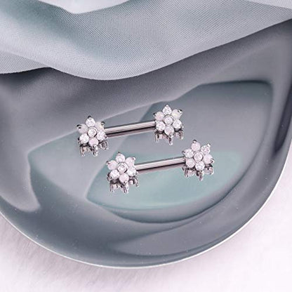 14G Opal Flower CZ Nipple Barbell Nipple Ring Piercing Jewelry for Women - color: silver cz