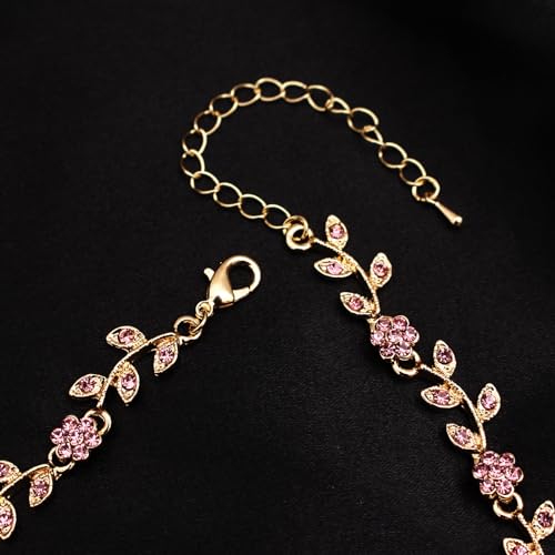 Austrian Crystal Rhinestone Choker Necklace Elegant Flower Leaf Chain Necklace Jewelry for Party Prom Costume Accessories for Women - color: Pink-Gold Plated