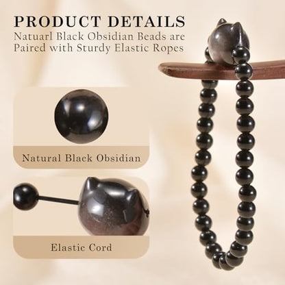 Agate Round Beaded Bracelet for Women Men Natural Agates Stone Healing Bracelets Stretch Elastic Handmade Polished Gemstone Beads Bracelet - color: Cat Black Obsidian, size: 6mm Beads