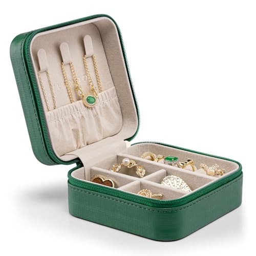 VLANDO Small Travel Jewelry Box Organizer Display Case for Girls Women Gift Rings Earrings Necklaces Storage, Dark Green - color: Dark Green