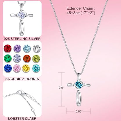 Cross Necklace for Women 925 Sterling Silver Birthstone Necklace for Women | Silver Necklaces with Diamond Sideways Birthstone Jewelry Gifts for Women 45+3cm Adjustable Chain - color: 12-Dec-Turquoise
