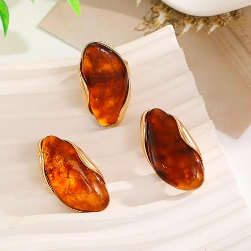 Colorful Chunky Earrings Ring for Women, Resin Boho Large Oval Acrylic Finger Ring Statement Stainless Steel Adjustable Rings Beach Summer Jewelry Gift - color: Brown Set