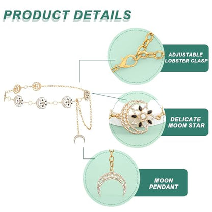 Rhinestone Moon Chain Belt Sparkly Star Waist Chain Adjustable Body Jewley for Women Dress Belt Accessory - style: Gold moon star B