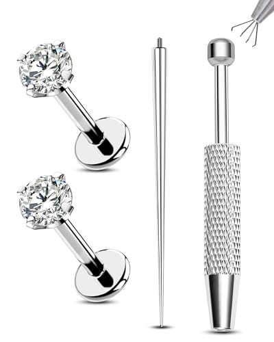 2PCS 20G/18G/16G Titanium Flat Back Nose Studs Internally Thread Cartilage Earring Studs Clear CZ Helix Tragus Earrings for Women Medusa Labret Stud Conch Piercing Jewelry Hypoallergenic - size: 1.2*6mm