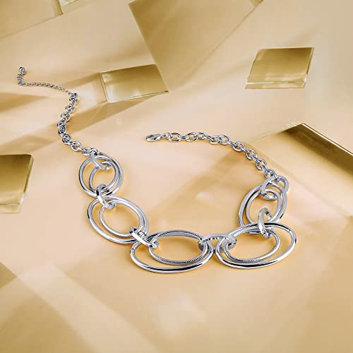 Gold Chunky Necklace for Women: Double Oval Link Statement Choker Necklace | 14k Gold Plated Loop Chain Trendy Fashion Jewelry for Daily Holiday Party - color: Silver