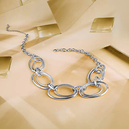 Gold Chunky Necklace for Women: Double Oval Link Statement Choker Necklace | 14k Gold Plated Loop Chain Trendy Fashion Jewelry for Daily Holiday Party - color: Silver