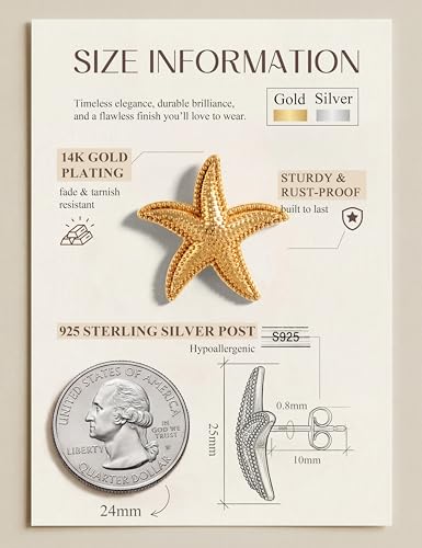 Chunky Gold Stud Earrings for Women Sterling Silver Earring Hypoallergenic | Non Tarnish 14K Gold Plated 925 Silver Posts for Sensitive Ears,Knot Statement Dangle Earrings Gold Jewelry Gifts Lightweight - color: gold plated-starfish