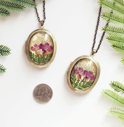 Handmade Oval Shaped Photo Locket with dried Pressed Flowers Locket pendant Necklace - style: Oval-Purple Lobelia