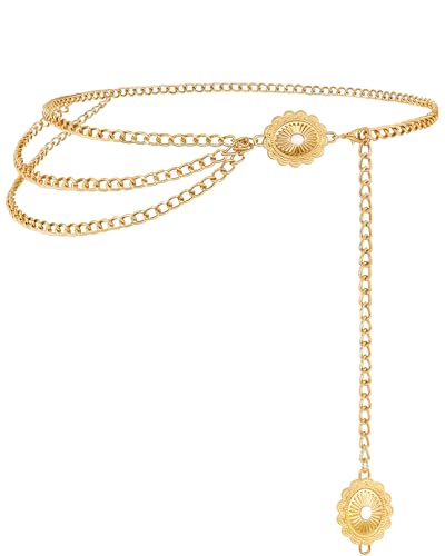 Chain Belt for Women Fashion Multilayer Metal Waist Chain Dress Belt Adjustable - size: Fit Waist Up to 35'', style: Gold-E