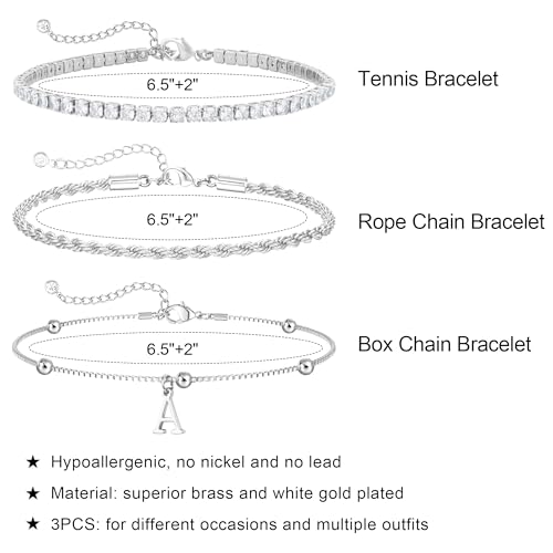 Gold Bracelets for Women Girls - Dainty Gold/Silver Bracelet Stack Jewelry Set Personalized Initial Bracelets Cute Stackable Rope Box Chain Tennis Bracelets Gifts for Women Teen Girl Gifts - color: C-Silver