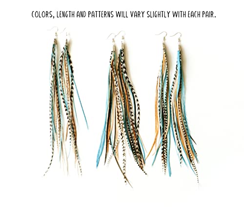 Bohemian handmade long lightweight feather dangle earrings for women - color: Natural & Turquoise