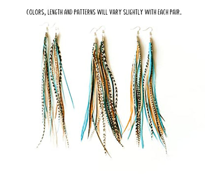 Bohemian handmade long lightweight feather dangle earrings for women - color: Natural & Turquoise