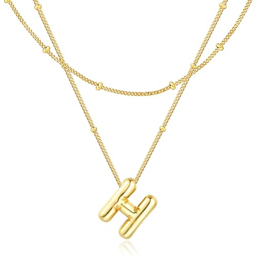 Bubble Letter Necklace for Women, 14k Gold Plated Initial Letter Pendant Necklace Personalized Jewelry A - Z 26 letters - style: Gold-H