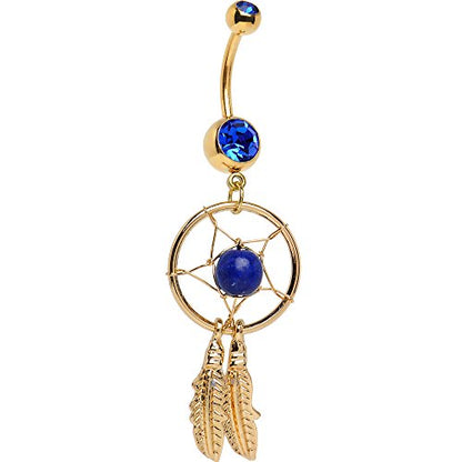14G Gold IP Surgical Steel Belly Ring Dream Catcher Feathers Dangle Belly Button Ring for Women Belly Piercing Jewelry 7/16" 11mm - style: Dark Blue Cz Jewels